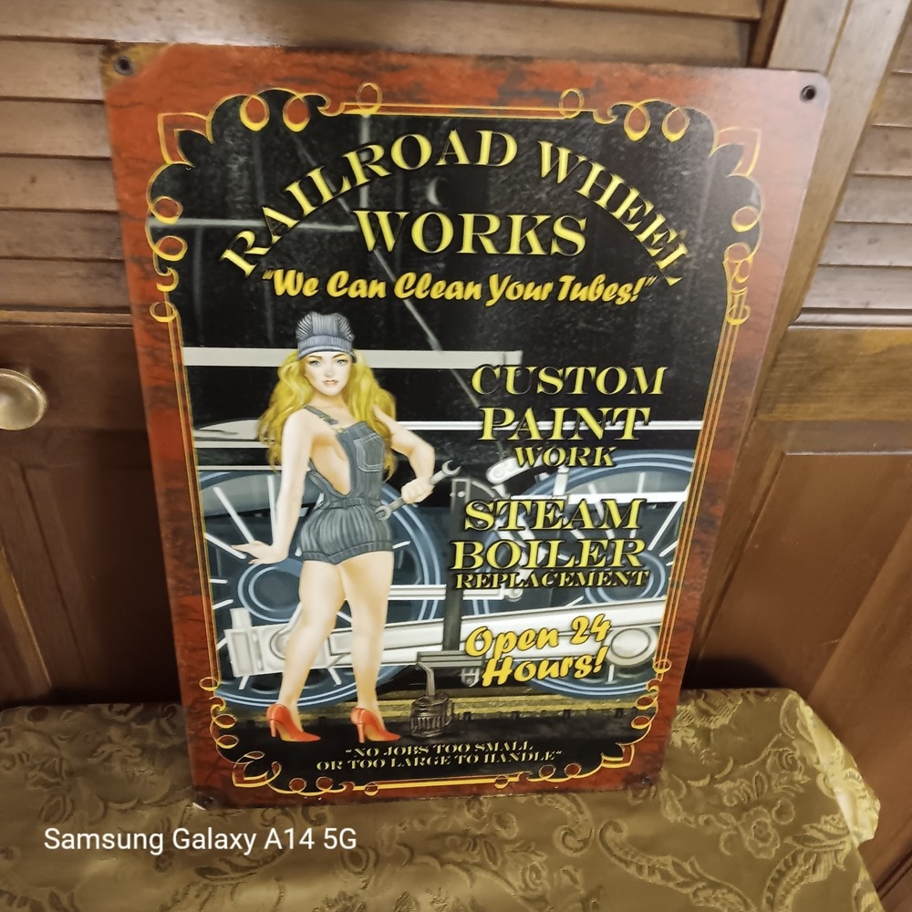 SCHRADER Railroad Wheel Works Metal Sign Pinup Girl Train Garage Art 18x12 USA